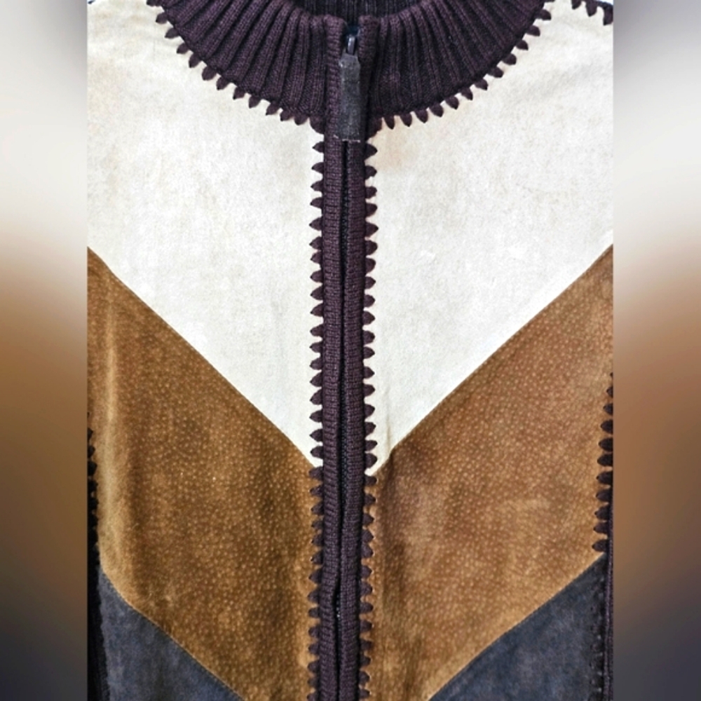 Vintage Designer Studio Western Leather Stitch Colorblock Zip up Jacket Brown - Picture 14 of 15